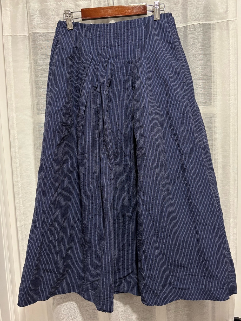 UNIQLO Linen Cotton Blend Navy Blue Pinstripe Full Midi A-Line Skirt XS